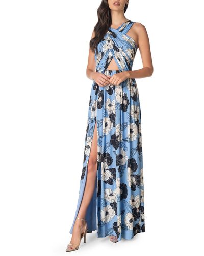 Dress the Population Rose Print Cutout Maxi Dress - Blue