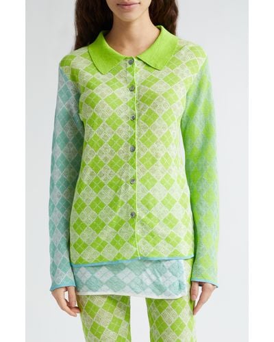 YANYAN Colorblock Argyle Linen Cardigan - Green