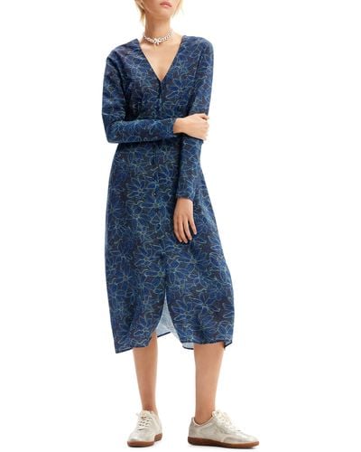 Desigual Floral Long Sleeve Midi Dress - Blue