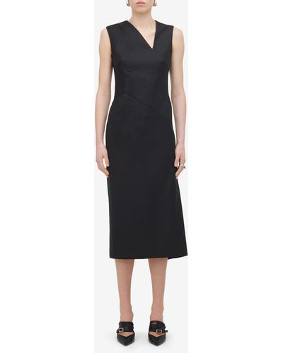 Alexander McQueen Pinstripe Asymmetric Wool Midi Dress - Black
