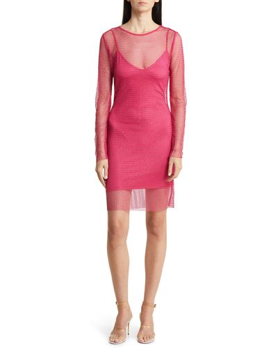 Bebe Rhinestone Mesh Long Sleeve Cocktail Minidress - Pink