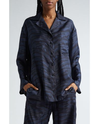 Stella McCartney Tiger Stripe Silk Button-up Pajama Shirt - Blue