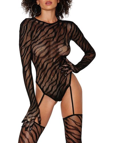 Dreamgirl Fishnet Glove Sleeve Teddy With Thigh High Stockings - Black