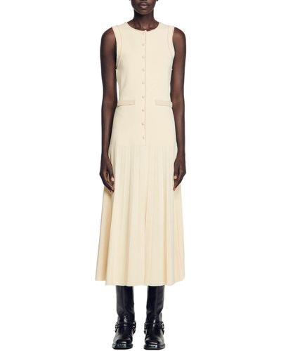 Sandro Naima Imitation Pearl Button Front Sleeveless Midi Dress - Natural