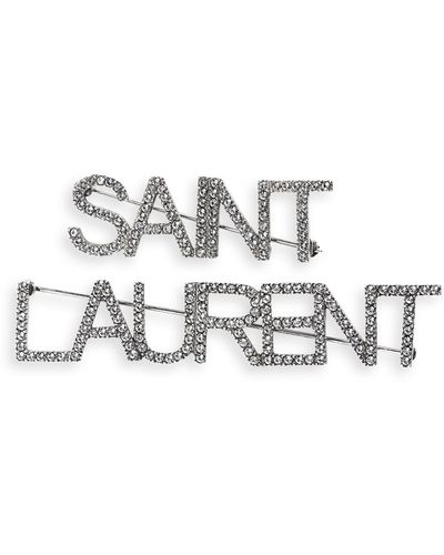 Saint Laurent Logo Crystal Set Of Two Brooches - Metallic