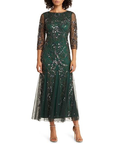 Pisarro Nights Illusion Sleeve Beaded A-line Gown - Green
