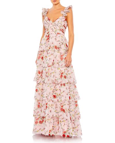 Mac Duggal Floral Print Tiered Empire Gown - Pink
