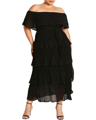 City Chic Night Garden Tiered Release Pleat Off The Shoulder Maxi Dress - Black