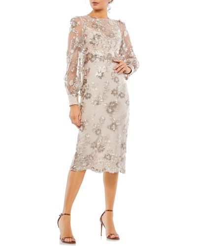 Mac Duggal Sequin Floral Long Sleeve Cocktail Dress - Natural