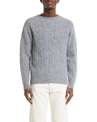 Drake's Shetland Cable Knit Wool Crewneck Sweater - Gray