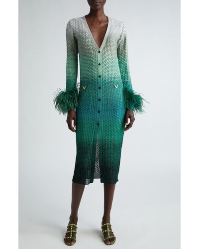 Valentino Garavani Feather Cuff Metallic Gradient Sweater-minidress - Green