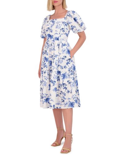 Vince Camuto Floral Square Neck Cotton Midi Dress - Blue