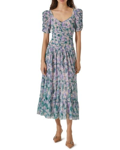 Astr Floral Print Ruched Maxi Dress - Blue