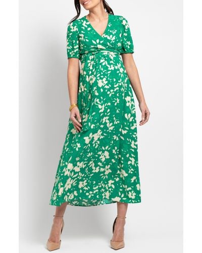 Seraphine Floral Tie Waist Maternity/nursing Midi Dress - Green