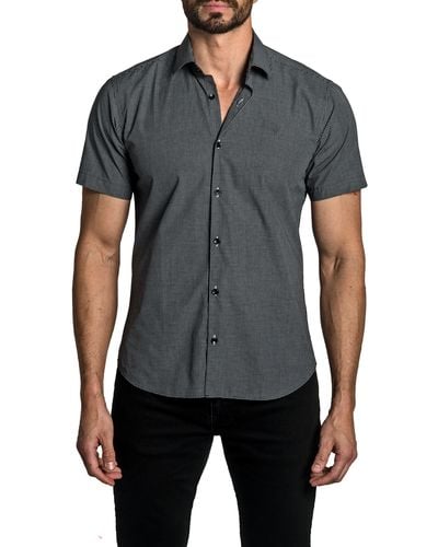 Jared Lang Trim Fit Grid Print Short Sleeve Cotton Button-up Shirt - Gray