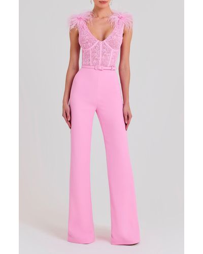 Nadine Merabi Ostrich Feather Lace Bodice Belted Jumpsuit - Pink