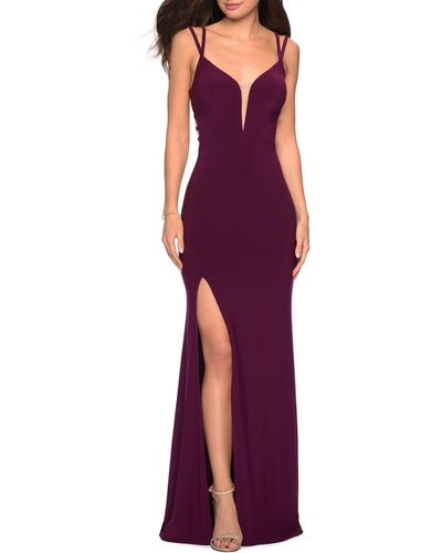La Femme Strappy Back Jersey Column Gown - Purple
