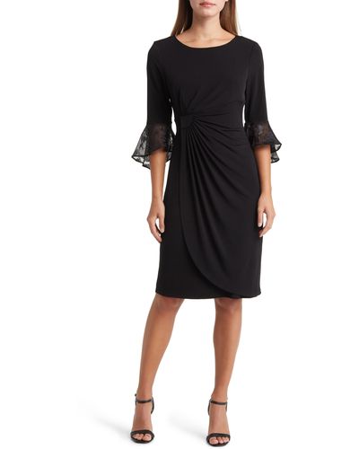 Connected Apparel Long Sleeve Faux Wrap Cocktail Dress - Black
