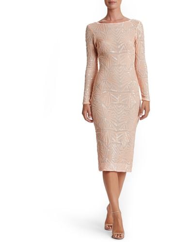 Dress the Population Emery Long Sleeve Sequin Cocktail Dress - Natural