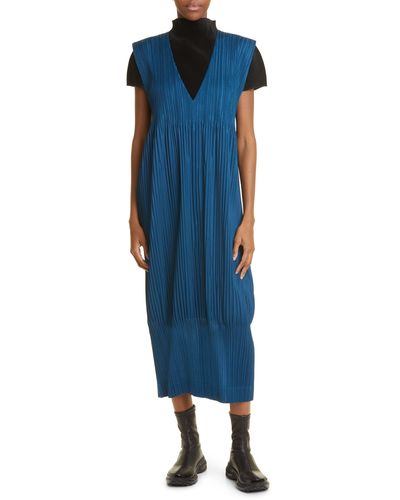 Pleats Please Issey Miyake Thicker Bottoms Pleated Pinafore Dress - Blue