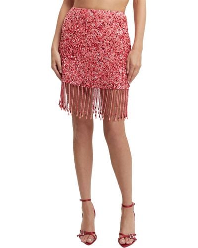Bardot Sabri Sequin Beaded Fringe Miniskirt - Red