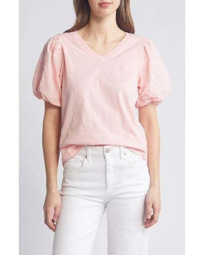 Wit & Wisdom Embroidered Puff Sleeve V-neck Top - Pink