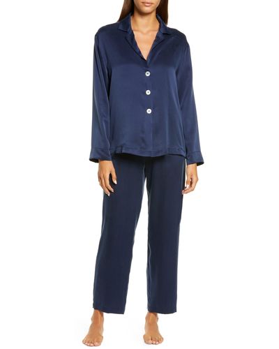 Lunya Long Sleeve Washable Silk Pajamas - Blue