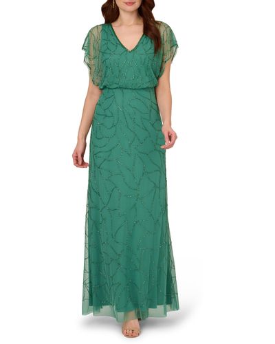 Adrianna Papell Beaded Mesh Blouson Gown - Green