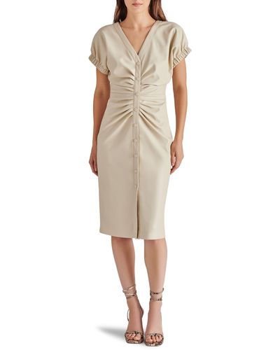 Steve Madden Arin Ruched Faux Leather Snap Front Dress - Natural