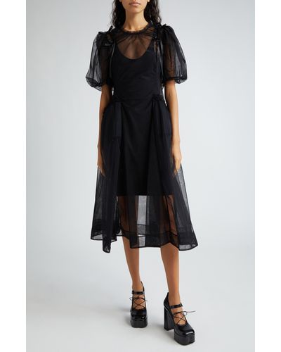 Simone Rocha Puff Sleeve Ruched Bite Tulle Midi Dress - Black