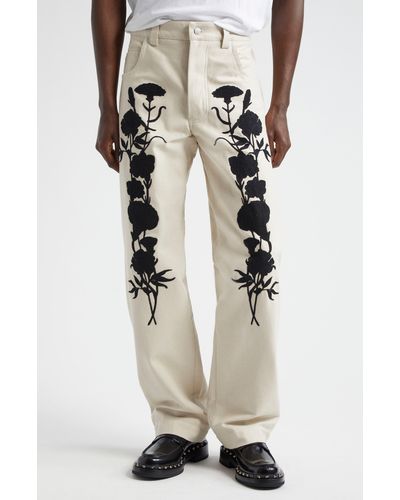 Song For The Mute Embroidered Foliage Straight Leg Jeans - Natural
