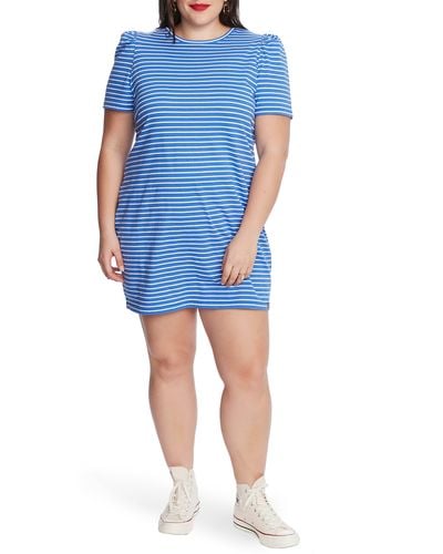 Court & Rowe Stripe Puff Sleeve Cotton Knit T-shirt Dress - Blue