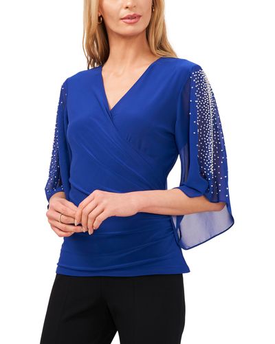 Chaus Beaded Sleeve Surplice Knit Top - Blue