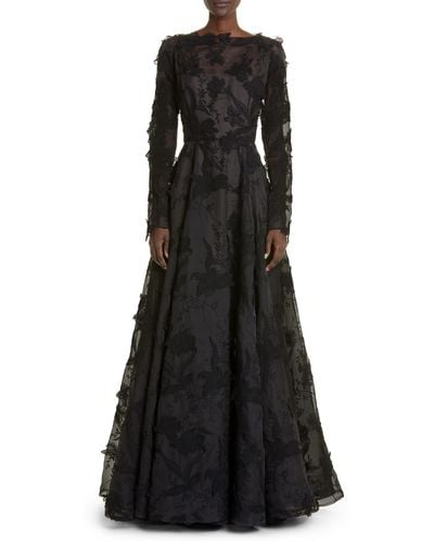 Jason Wu Floral Embroidery Long Sleeve Silk Organza A-line Gown - Black