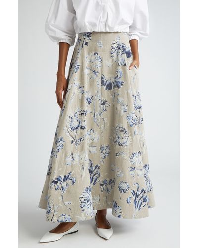 Lela Rose Floral High Waist Linen Skirt - Multicolor