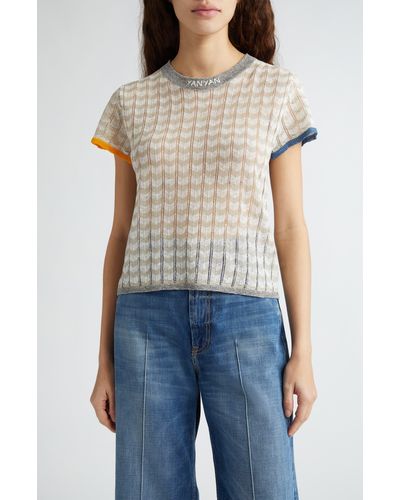 YANYAN Tong Chevron Stripe Pointelle Stitch T-shirt - Multicolor