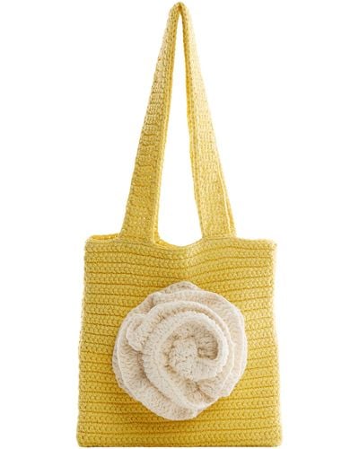 Mango Floral Appliqué Crocheted Top Handle Bag - Metallic