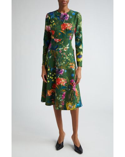 Lela Rose Lily Floral Tiered Long Sleeve Dress - Green