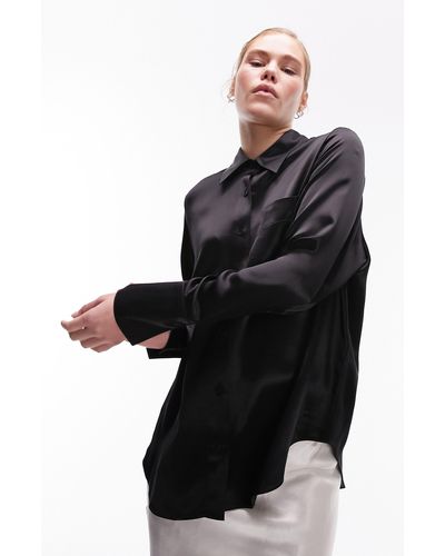 TOPSHOP Oversize Satin Button-up Shirt - Black