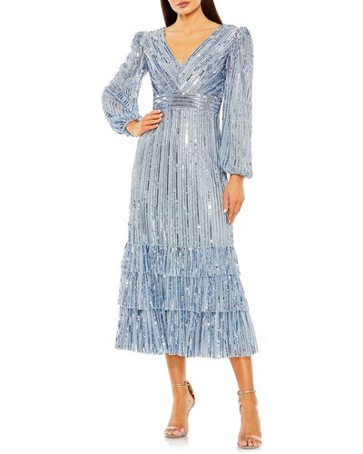 Mac Duggal Sequin Long Sleeve Midi Dress - Blue