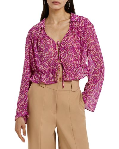 River Island Dot Print Tie Blouse In Bright Pink At Nordstrom Rack - Red