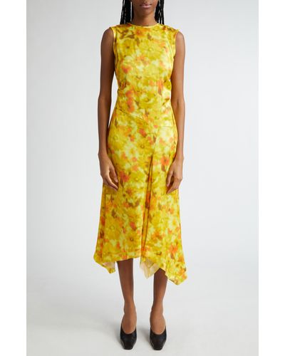 Acne Studios Difella Blurred Flower Satin Midi Dress - Yellow