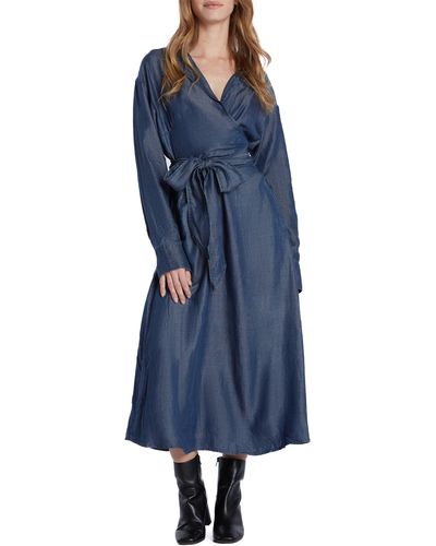 Wash Lab Denim Tie Waist Long Sleeve Denim Maxi Dress - Blue
