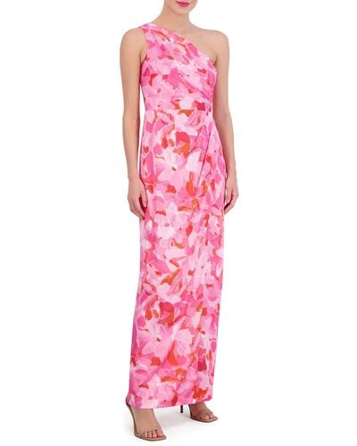 Vince Camuto Floral One-shoulder Satin Sheath Gown - Pink