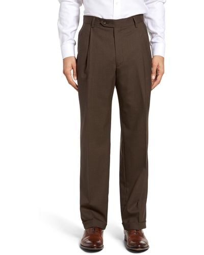 Berle Lightweight Plain Weave Pleated Classic Fit Pants - Brown