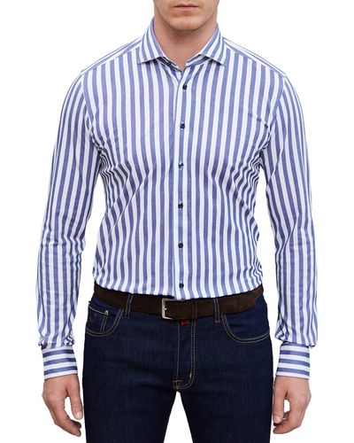 Emanuel Berg 4flex Modern Fit Stripe Knit Button-up Shirt - Blue