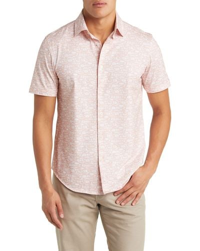 Bugatchi Miles Ooohcotton® Fish Print Short Sleeve Button-up Shirt - Pink