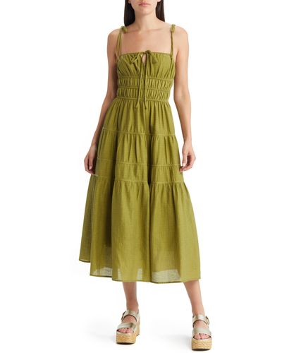 Moon River Shirred Waist Tiered Maxi Dress - Green