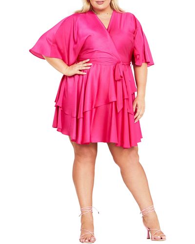 City Chic Fallon Ruffle Faux Wrap Dress - Pink