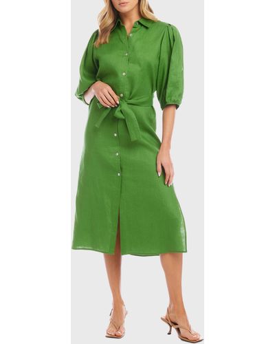 Karen Kane Puff Sleeve Linen Midi Shirtdress - Green